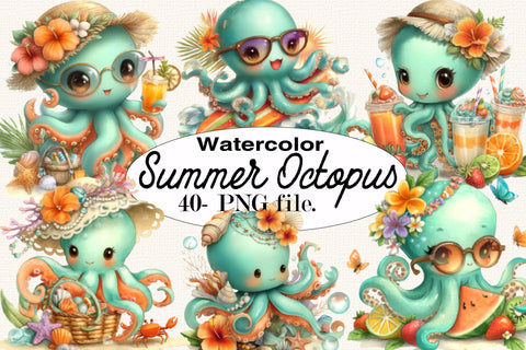 Watercolor Summer Octopus Clipart Bundle. Sublimation SVGArt 