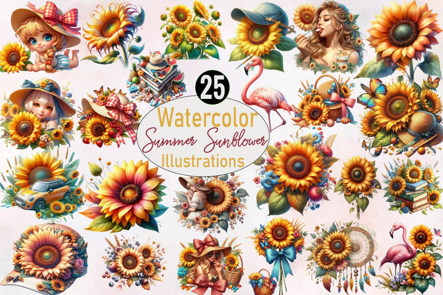 Watercolor Summer Sunflower Clipart Sublimation SVGArt 
