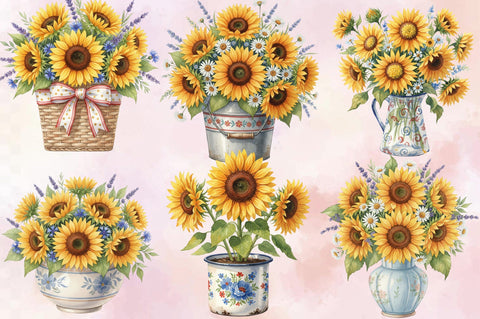 Watercolor Summer Sunflower PNG Clipart Bundle. Sublimation SVGArt 