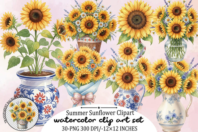 Watercolor Summer Sunflower PNG Clipart Bundle. Sublimation SVGArt 