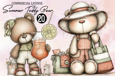 Watercolor Summer Teddy Bear Clipart Bundle. Sublimation SVGArt 