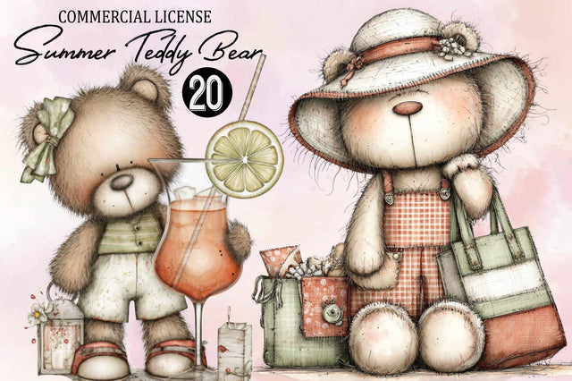 Watercolor Summer Teddy Bear Clipart Bundle. Sublimation SVGArt 