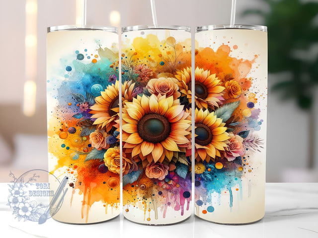 Watercolor Sunflower 20oz Skinny Tumbler, Sunflower Tumbler Png, Straight & Tapered Tumbler Wrap, Instant Digital Download Sublimation ToriDesigns 