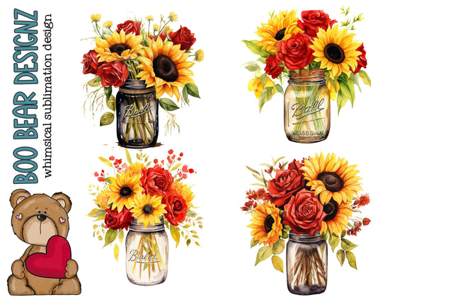 Watercolor Sunflower and Red Rose Clipart Sublimation Boo Bear Designz 