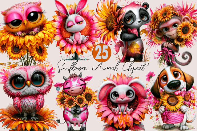 Watercolor Sunflower Animal Clipart Bundle. Sublimation SVGArt 