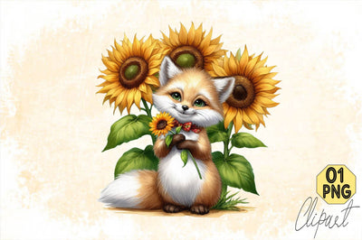 Watercolor Sunflower Cute Fox Clipart Sublimation SVGArt 