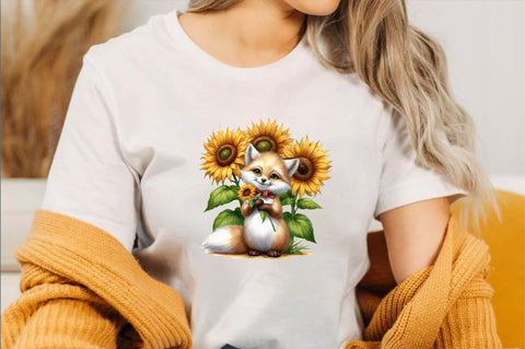 Watercolor Sunflower Cute Fox Clipart Sublimation SVGArt 
