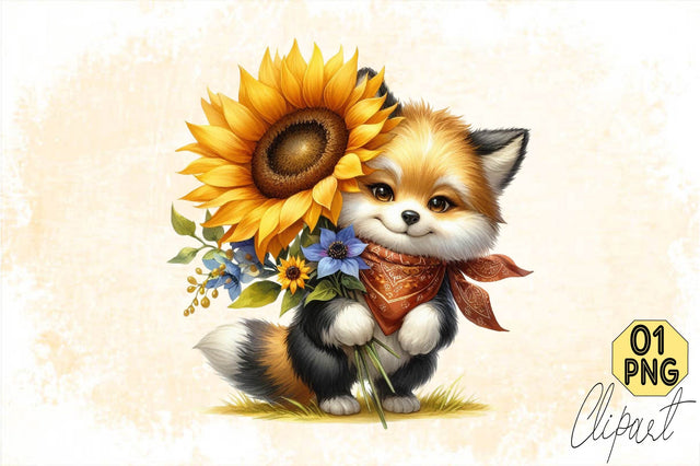 Watercolor Sunflower Cute Fox PNG Sublimation Clipart Sublimation SVGArt 