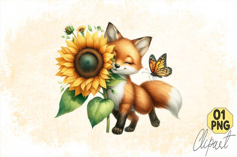 Watercolor Sunflower Cute Fox PNG Sublimation SVGArt 