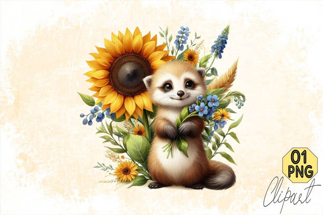 Watercolor Sunflower Cute Fox PNG Sublimation SVGArt 