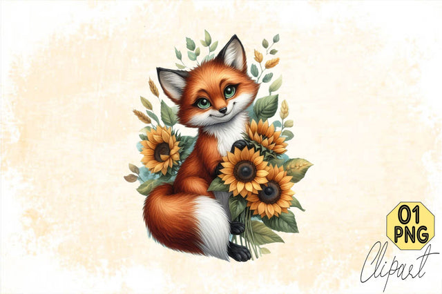 Watercolor Sunflower Cute Fox Sublimation Clipart Sublimation SVGArt 