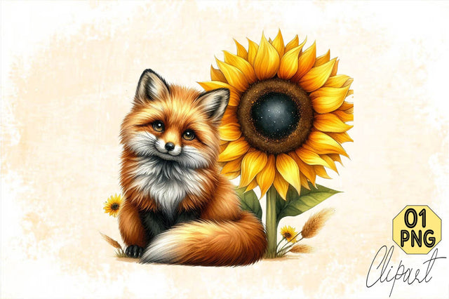 Watercolor Sunflower Cute Fox Sublimation SVGArt 