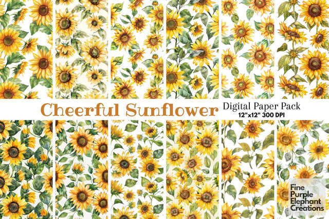 Watercolor Sunflower Flowers Digital Paper Digital Pattern Fine Purple Elephant Creations 