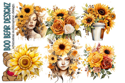 Watercolor Sunflower Girl CLipart Sublimation Boo Bear Designz 