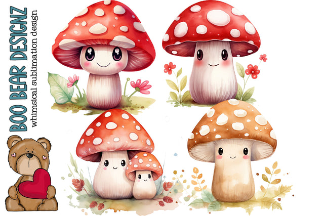 Watercolor Super Cute Mushroom clipart Sublimation Boo Bear Designz 