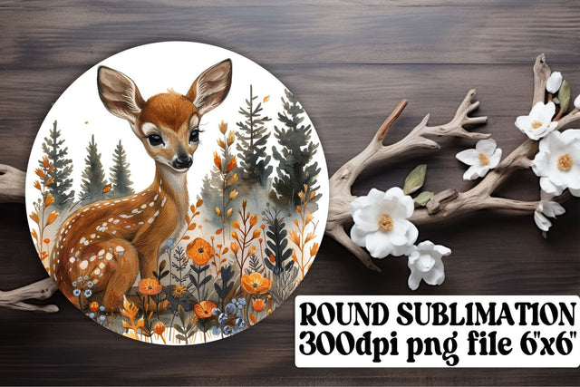 Watercolor Sweet Deer with Flowers Keychain Round Design Sublimation Sublimation afrosvg 