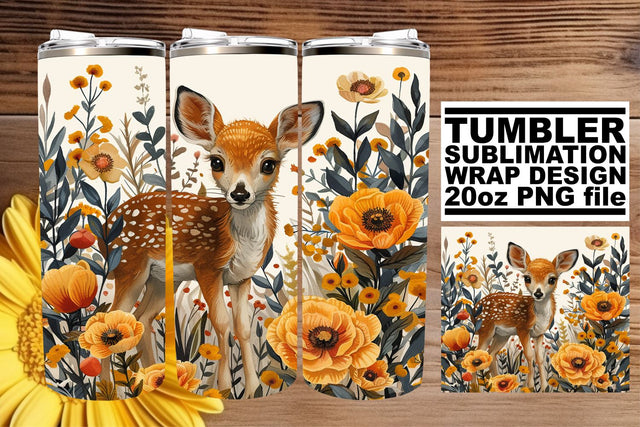 Watercolor Sweet Deer with Flowers Tumbler Wrap 20oz Sublimation Sublimation afrosvg 