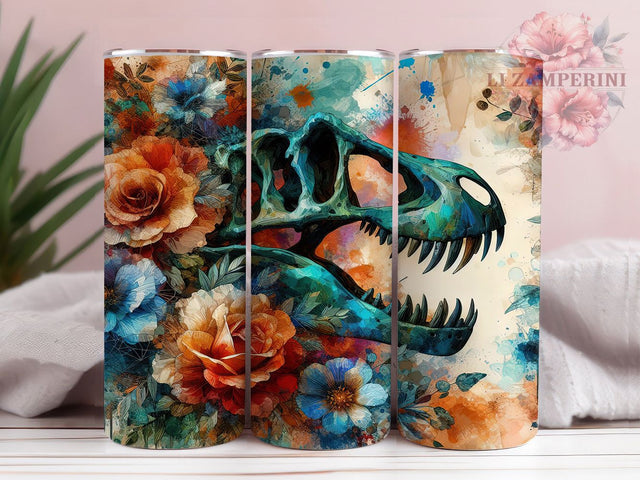 Watercolor T-Rex Skull Tumbler, T‑rex Skeleton, Watercolor Dinosaur, Prehistoric Tumbler, Fossil Design, Dino Sublimation, Skeleton Wrap Sublimation Li Zamperini 