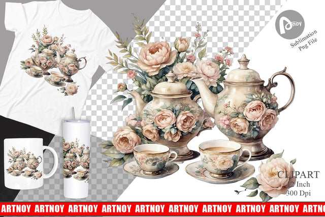 Watercolor Tea Set Clipart Sublimation artnoy 