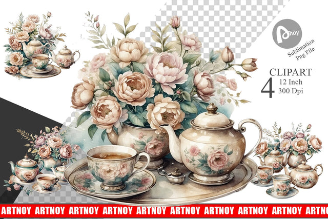 Watercolor Tea Set Clipart Sublimation artnoy 