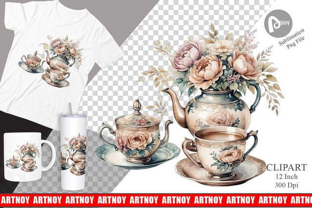 Watercolor Tea Set Clipart Sublimation artnoy 