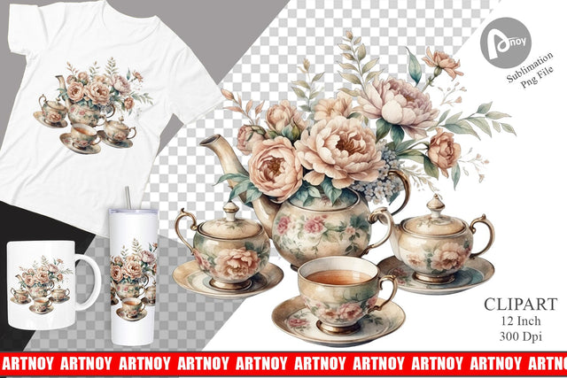 Watercolor Tea Set Clipart Sublimation artnoy 