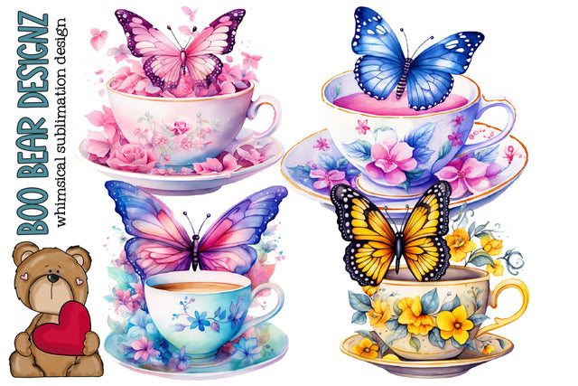 Watercolor Teacup Butterfly Clipart Sublimation Boo Bear Designz 
