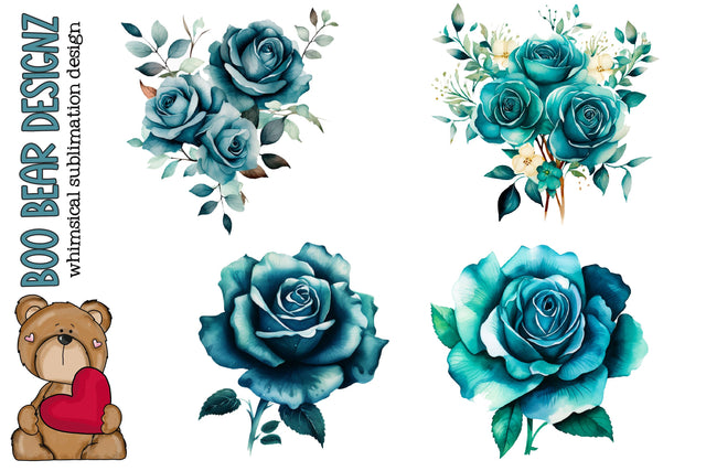Watercolor Teal Roses clipart Sublimation Boo Bear Designz 