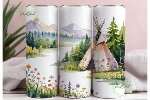Watercolor Teepee Scenery 20oz Tumbler Sublimation PixelChick 