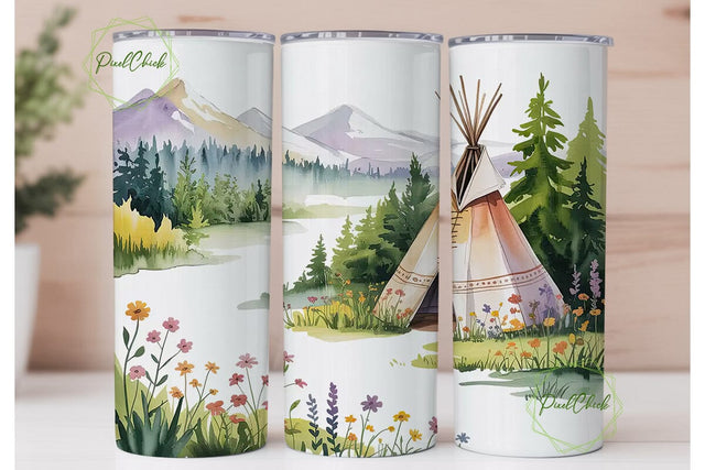 Watercolor Teepee Scenery 20oz Tumbler Sublimation PixelChick 