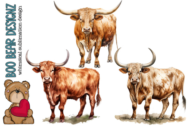 Watercolor Texas Long horn Clipart Sublimation Boo Bear Designz 
