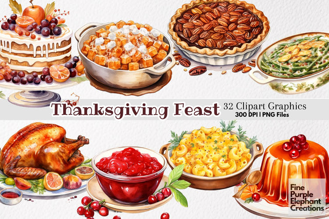 Watercolor Thanksgiving Dinner PNG Clipart Sublimation Fine Purple Elephant Creations 