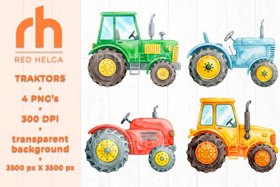 Watercolor Tractor Clipart PNG, Boys Birthday Invitations Sublimation RedHelgaArt 