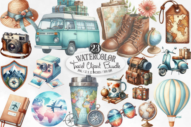 Watercolor Travel Clipart Sublimation SVGista 