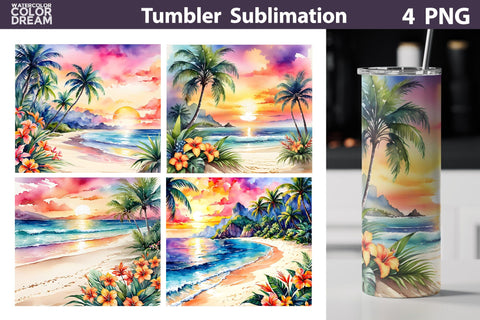 Watercolor Tropical Beach Tumbler Wrap | Beach Sunset Tumbler Sublimation WatercolorColorDream 