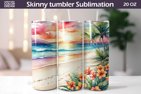 Watercolor Tropical Beach Tumbler Wrap | Beach Sunset Tumbler Sublimation WatercolorColorDream 