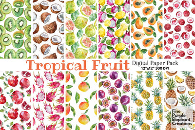 Watercolor Tropical Fruit Digital Paper | Summer BBQ Foodie Digital Pattern Fine Purple Elephant Creations 