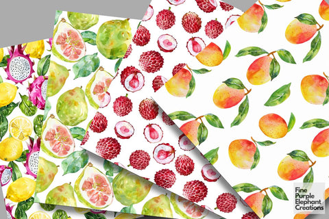 Watercolor Tropical Fruit Digital Paper | Summer BBQ Foodie Digital Pattern Fine Purple Elephant Creations 