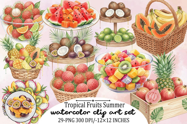 Watercolor Tropical Fruits Summer Clipart Bundle. Sublimation SVGArt 