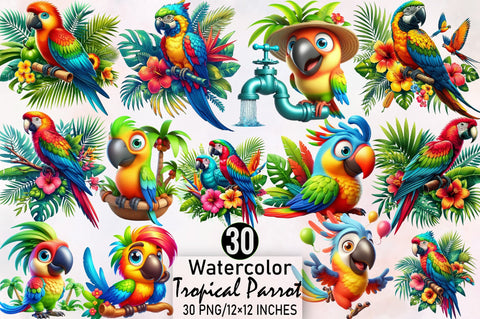 Watercolor Tropical Parrot Clipart Bundle. Sublimation SVGArt 