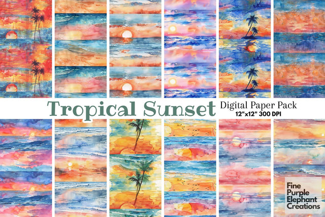 Watercolor Tropical Sunset Digital Paper | Hawaiian Island Beach Summer Digital Pattern Fine Purple Elephant Creations 