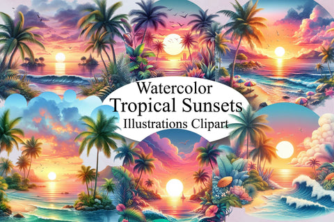 Watercolor Tropical Sunsets Clipart Sublimation SVGArt 