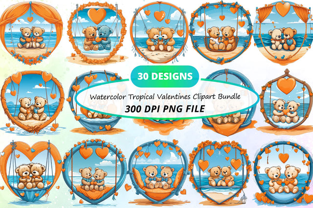 Watercolor Tropical Valentines Clipart Bundle Sublimation Regulrcrative 