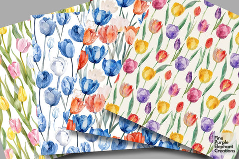 Watercolor Tulips Flowers Digital Paper Digital Pattern Fine Purple Elephant Creations 