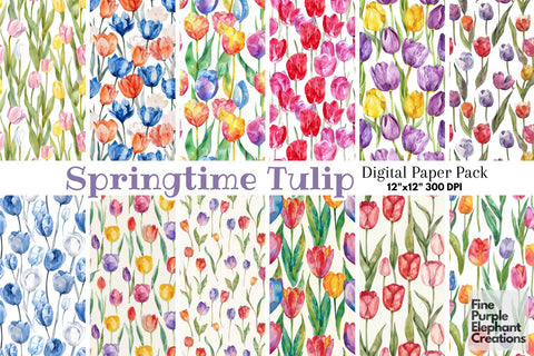 Watercolor Tulips Flowers Digital Paper Digital Pattern Fine Purple Elephant Creations 