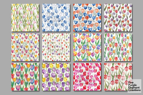 Watercolor Tulips Flowers Digital Paper Digital Pattern Fine Purple Elephant Creations 
