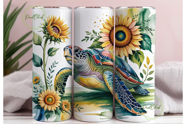 Watercolor Turtle Sunflowers Tumbler Sublimation PixelChick 