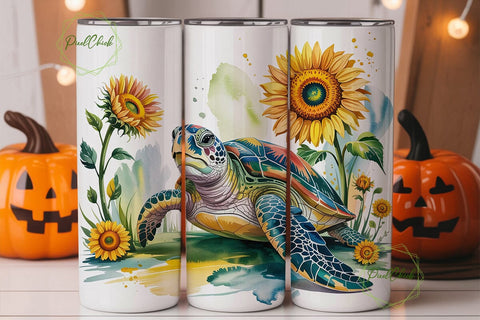 Watercolor Turtle Sunflowers Tumbler Sublimation PixelChick 