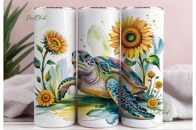 Watercolor Turtle Sunflowers Tumbler Sublimation PixelChick 