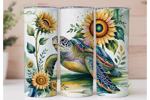 Watercolor Turtle Sunflowers Tumbler Sublimation PixelChick 